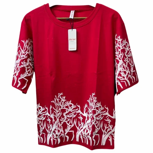 Printed Red Cotton Ladies Oversized T Shirt