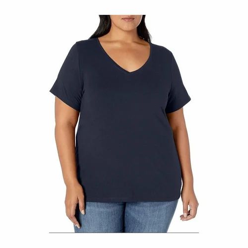 V Neck Navy Blue Ladies Plain Oversized T Shirts, Half Sleeves