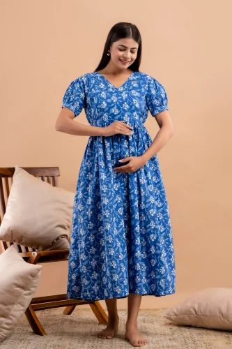 Blue V Shape Printed Cotton Maternity Dress