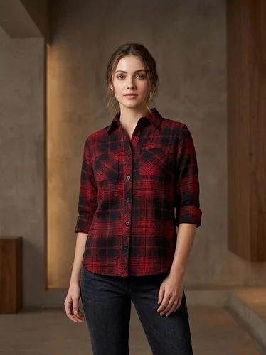 Casual Dark Red Brushed Cottonr Checked Ladies Shirt