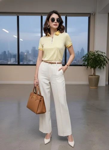 Yellow Poly Elastane Women Striped Short T Shirt