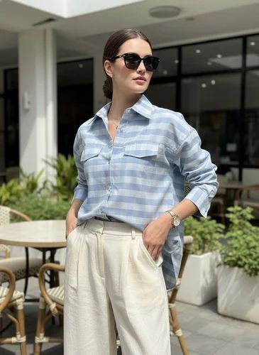 Casual White Cotton Checked Ladies Shirt