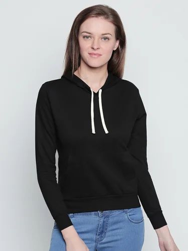 Full Sleeve Casual Wear Ladies Black Cotton Hooded T-Shirt, Size: S-xl