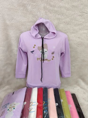 Round Ladies Purple Hooded T Shirt, Full Sleeves, Printed