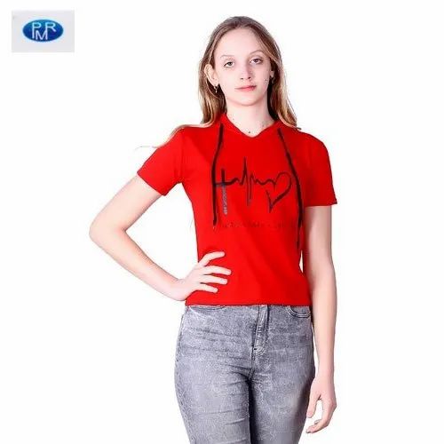 Cotton Round Ladies Printed Hooded T Shirt, Size: S,M