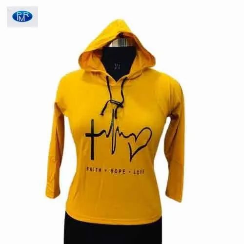Ladies Full Sleeves Cotton Hooded T Shirt