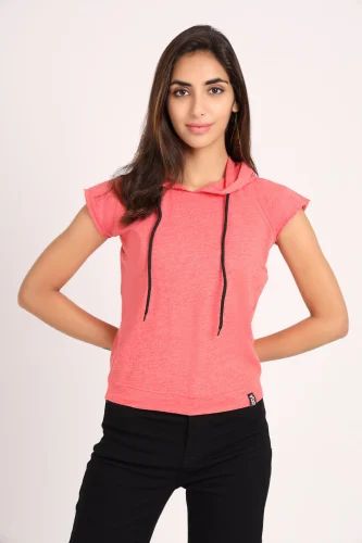 Half Sleeve Women Solid Hooded Neck T Shirt, Casual Wear, Size: Large