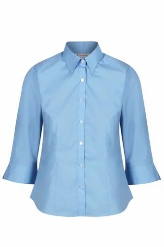 Plain Sky Blue Ladies Formal Cotton Shirts, Size: Medium