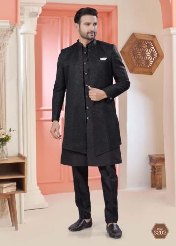 Mens Wedding Wear Indo Western Set with Embroidery & Sequins Work