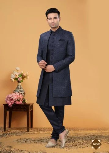 Wedding Wear Art Silk Handwork Mens Indo Western Sherwani Set