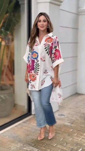White Floral Printed Shirt Womens Office Wear Comfortable Stylish Short Dress Shirt