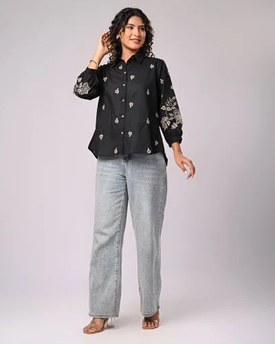 Elegant Black Button-Down Shirt with Floral Embroidered Sleeves