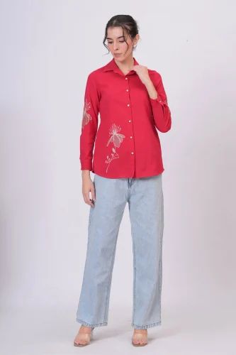 Rani Pink Classic Collar Shirt with Detailed Floral Sketch Embroidery