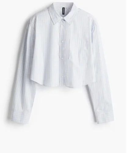Cropped Light Blue Checkered Button-Up Shirt Long Sleeve Women's Top Casual