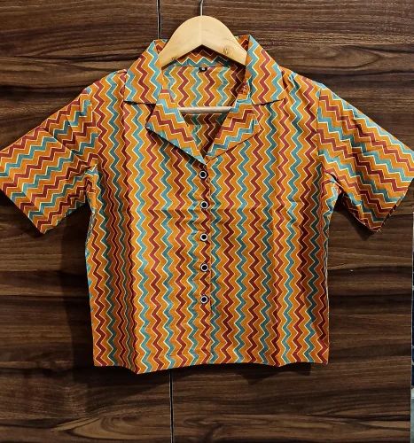 Printed mustard color Women Crop Shirt in 'zig zag print', Size: s to xl