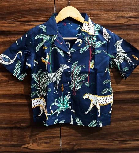 Printed Blue Women Crop Shirt in 'jungle print', Size: s to xl, Casual
