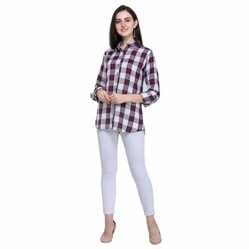 Hetvi Creation Checkered Ladies Check Rayon Shirt, Size: S-XXL