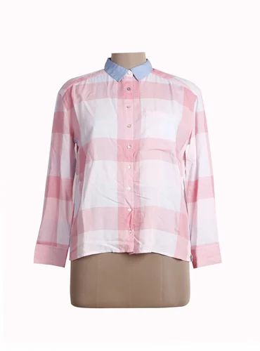 Ladies Cotton Pink Check Shirt, Size: S-XL