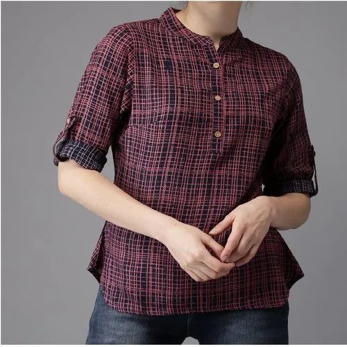 Checks Women Navy & Red Checked Shirt-Style Top