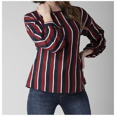 Polyester Round Neck Women Maroon & Navy Striped Top