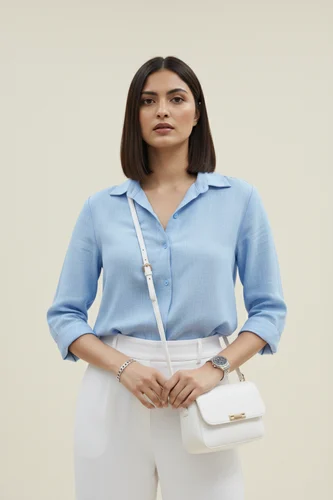 Solid Blue Linen 3/4 Sleeve Shirt for Women, Cotton
