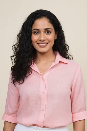 Solid Pink Linen 3/4 Sleeve Shirt for Women, Cotton