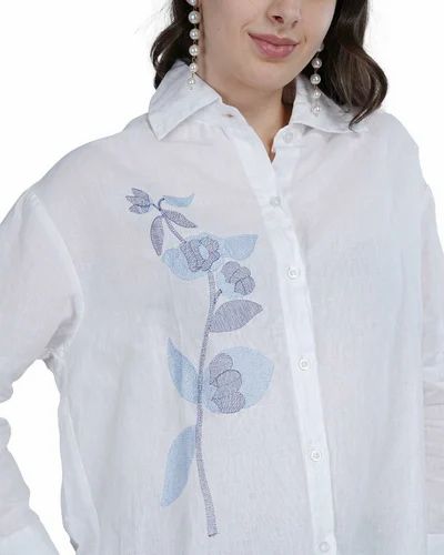 Women Embroidered White Linen Shirt, Full sleeves