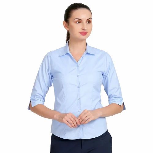 Plain Blue Women Linen Shirt, Formal