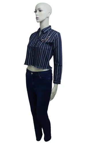 Dark Blue Ladies Linen Striped Crop Shirt, Size: Medium, Formal