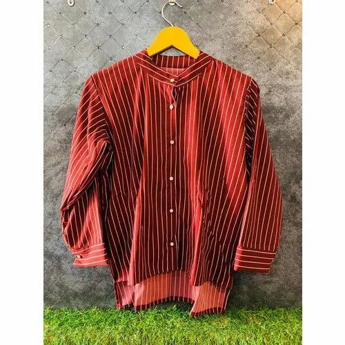 Linen Strip Ladies Designer High Low Chinese Collar Shirt, Size: S-36 M-38 L-40 Xl-42, Casual