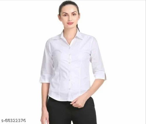 Plain White Women Linen Shirt, Formal