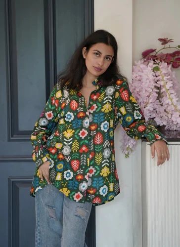 Floral Frenzy Green Long Shirt, Cotton