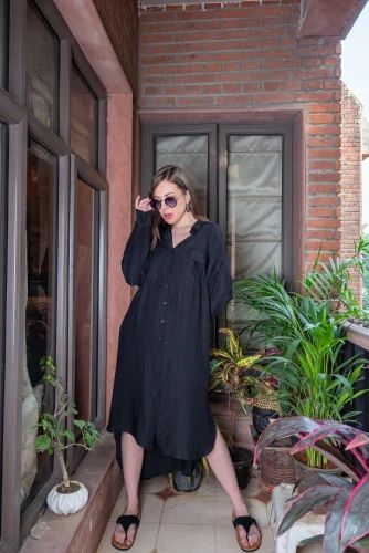 Plain Black Ladies Satin Long Shirt, Size: Large