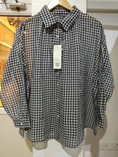 Grey Check Women'S Cotton Long Shirt, Size: Free Size