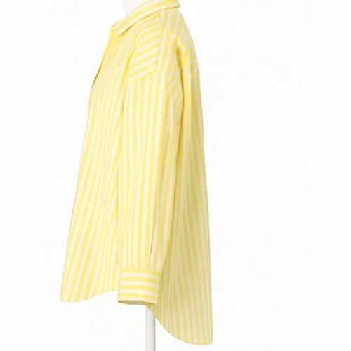 Yellow Women Cotton Striped Shirt, Size: Medium