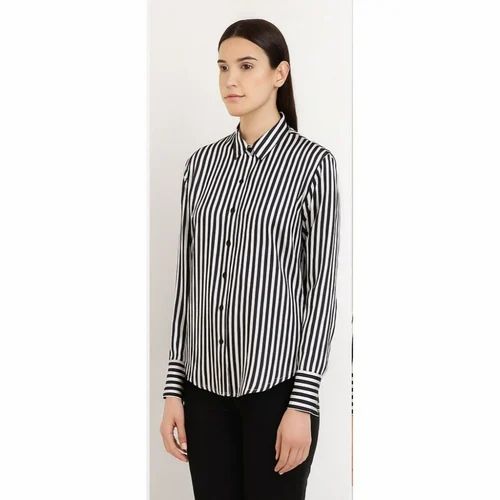 Black Women Cotton Striped Shirt, Size: Medium