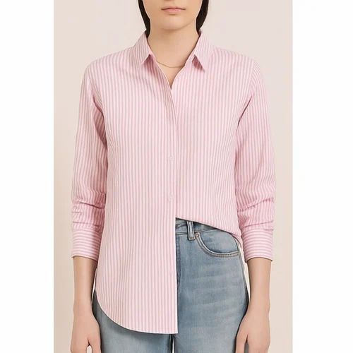 Pink Women Cotton Striped Shirt, Size: Medium