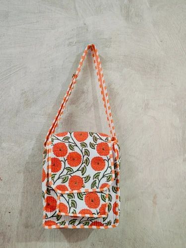 Handmade Cotton Floral Shoulder Bag with Front Pocket, Unique Flap Closure & Adjustable Strap