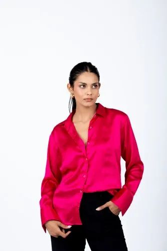 Plain/Solid Silk Satin Women Western Shirt, Full sleeves, Party Wear