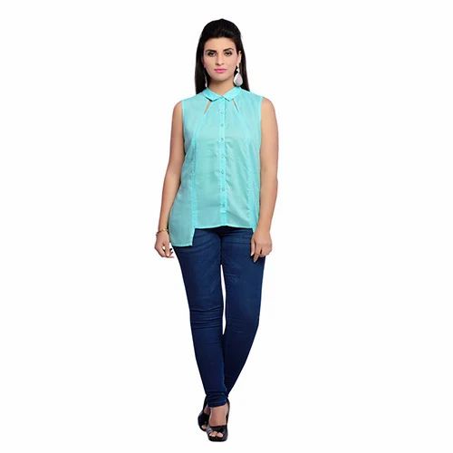 Zola Cotton Aqua Blue Sleevless Shirt