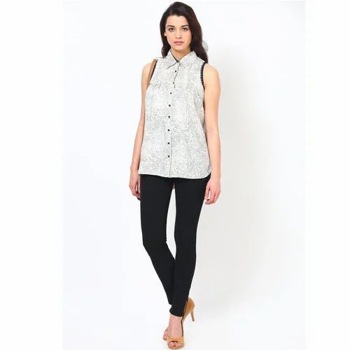 Sleeve Less Printed White Shirt
