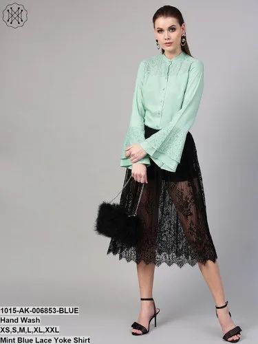Sassafras Casual Mint Blue Lace Yoke Shirt, Packaging Type: Box