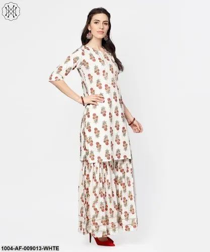 Women's White Printed Cotton Kurta with Sharara Set