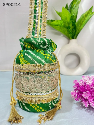 Silk Traditional Bandhani Potli Bags with Mirror Work & Golden Tassels