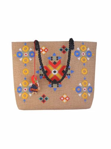 Wood Embroidered Thread Embroidery Jute Handbag