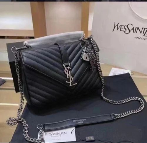 Ysl Grain De Poudre Matelasse Chevron Medium Monogram Satchel Black silver with box