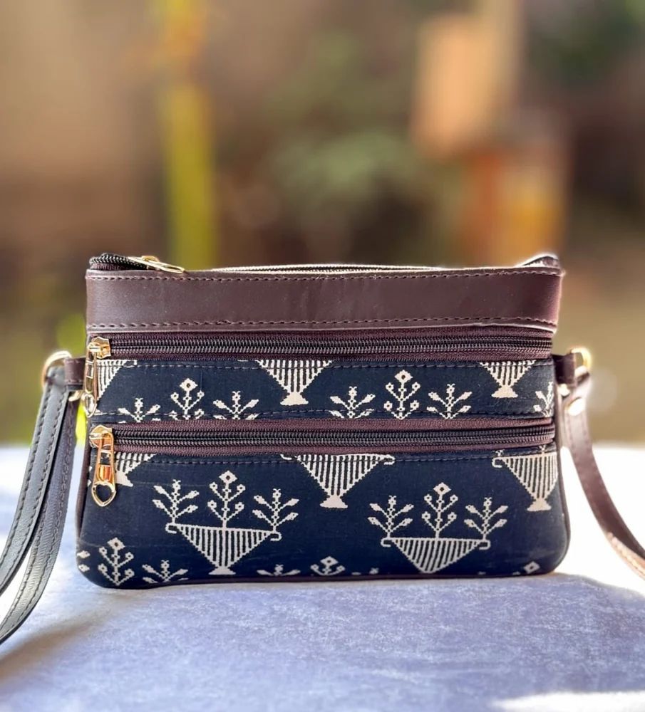 Ikkat Printed Office Use Cotton Sling Handbag With Detachable Belt For Girls And Women