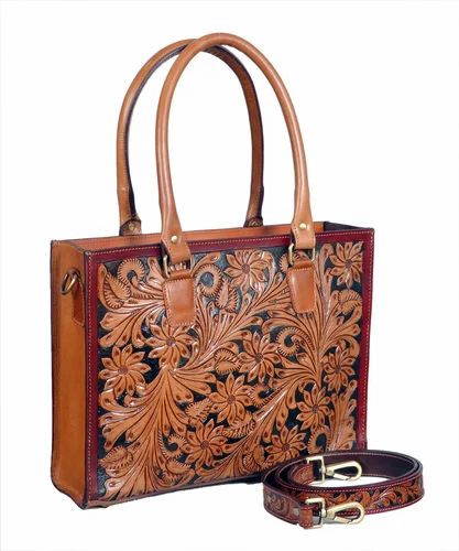 Brown Hand Carved Tooted Hand-Carving Handcrafted Veg-Tan Leather Lady Handbag