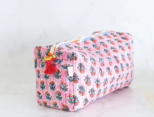 Personalized Large Makeup bags - Block print cosmetic bag - Custom toiletry pouch with name