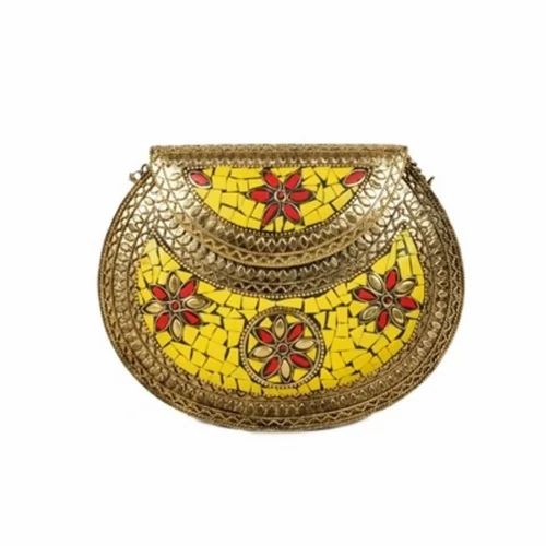Embroidered Yellow Metal Lakk Sling Bag